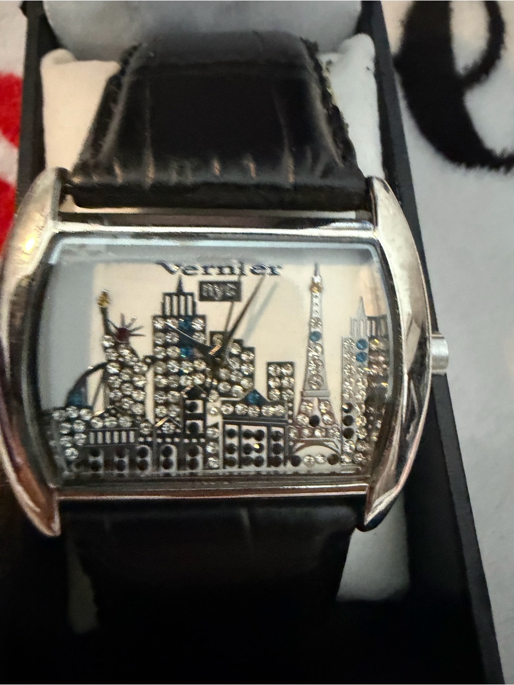 Vernier Men's Black Leather Watch with NYC skyline very unique